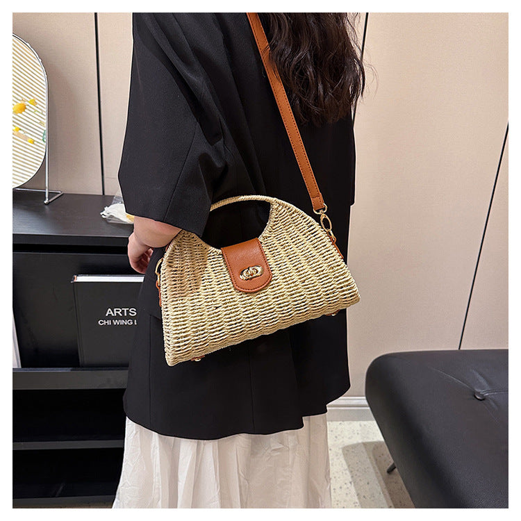 Women'S Small Straw Solid Color Vacation Lock clasp Straw Bag