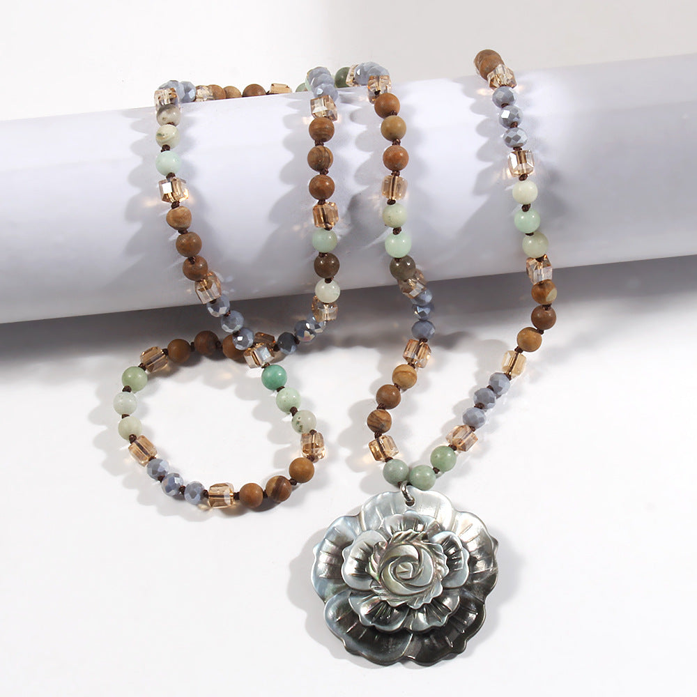 Retro Flower Semi-precious stone Glass Shell  Sweater Chain In Bulk Natural stone necklace