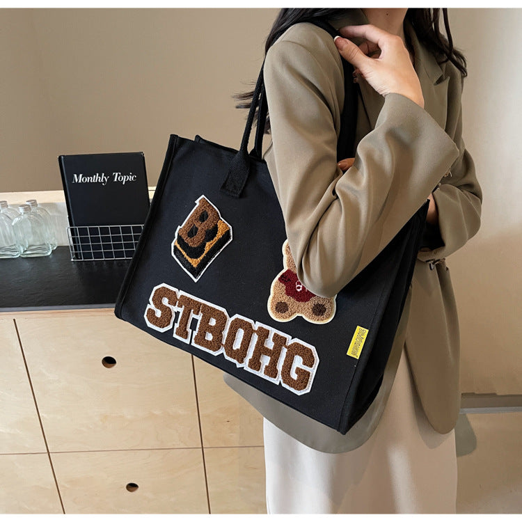 Women's Large Canvas Letter Bear Elegant Classic Style Streetwear Sewing Thread Square Zipper Tote Bag