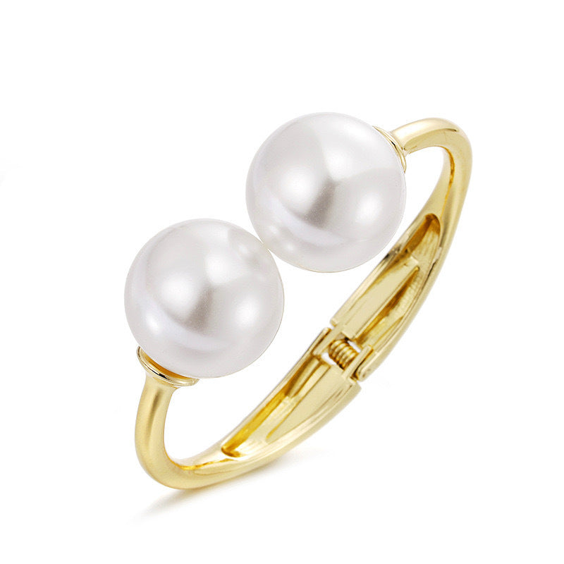 Europe and America  Fashion Trend Open-Ended Bracelet Metal Texture Pearl Design Bracelet