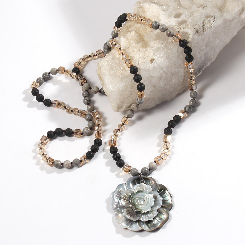 Retro Flower Semi-precious stone Glass Shell  Sweater Chain In Bulk Natural stone necklace