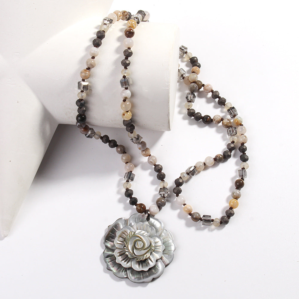 Retro Flower Semi-precious stone Glass Shell  Sweater Chain In Bulk Natural stone necklace