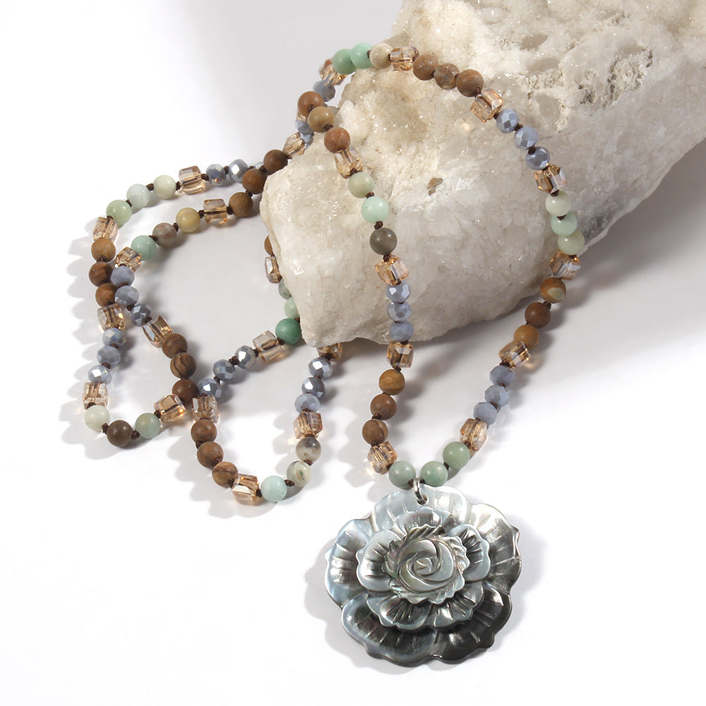Retro Flower Semi-precious stone Glass Shell  Sweater Chain In Bulk Natural stone necklace