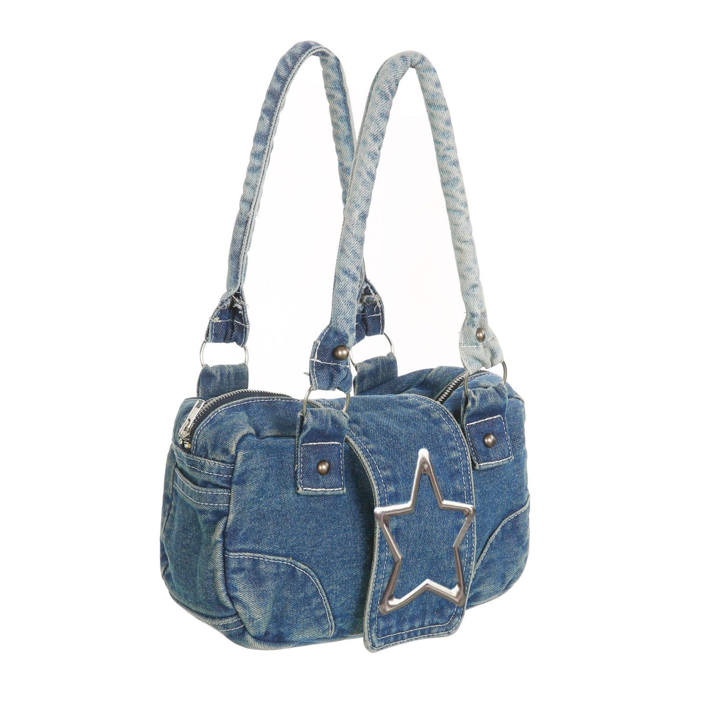 Women's Medium Denim Star Solid Color Streetwear Oval Zipper Shoulder Bag