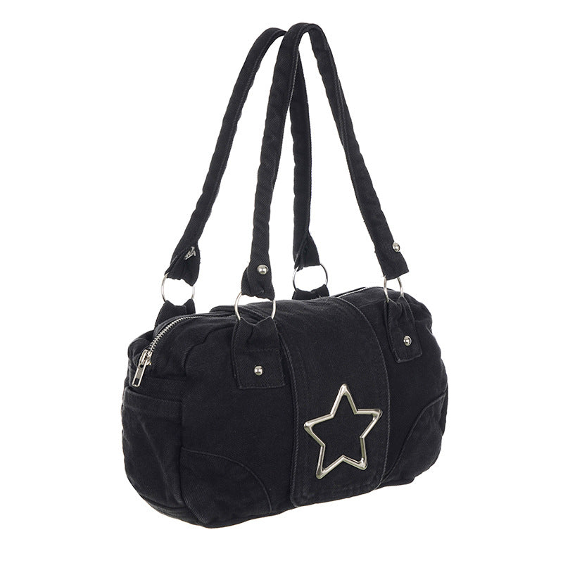 Women's Medium Denim Star Solid Color Streetwear Oval Zipper Shoulder Bag