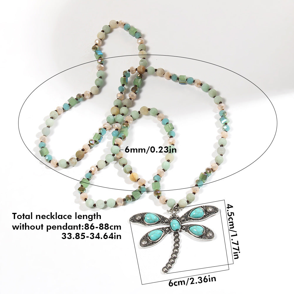 Retro Dragonfly Alloy natural stone Turquoise Beaded Chain Pendant Necklace Sweater Chain In Bulk Natural stone necklace