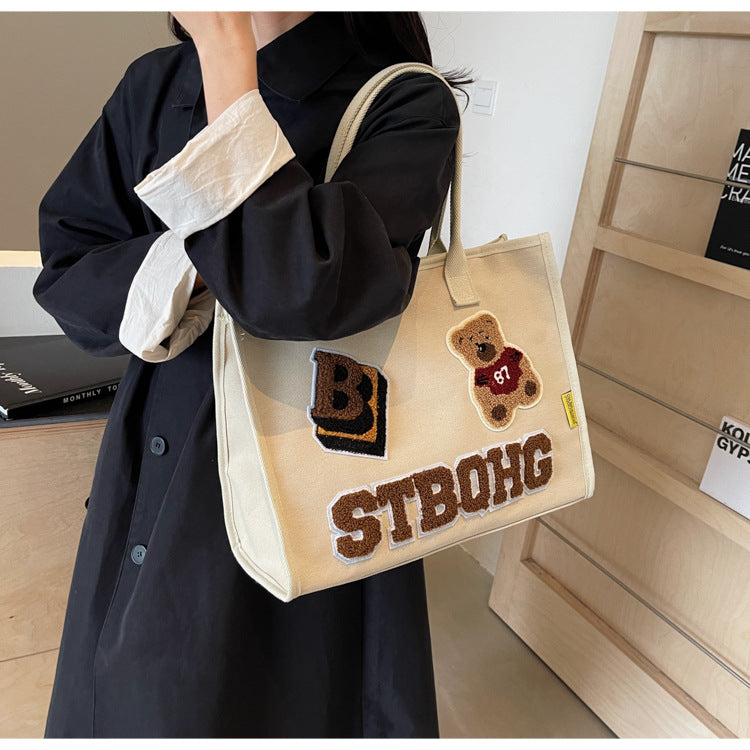 Women's Large Canvas Letter Bear Elegant Classic Style Streetwear Sewing Thread Square Zipper Tote Bag