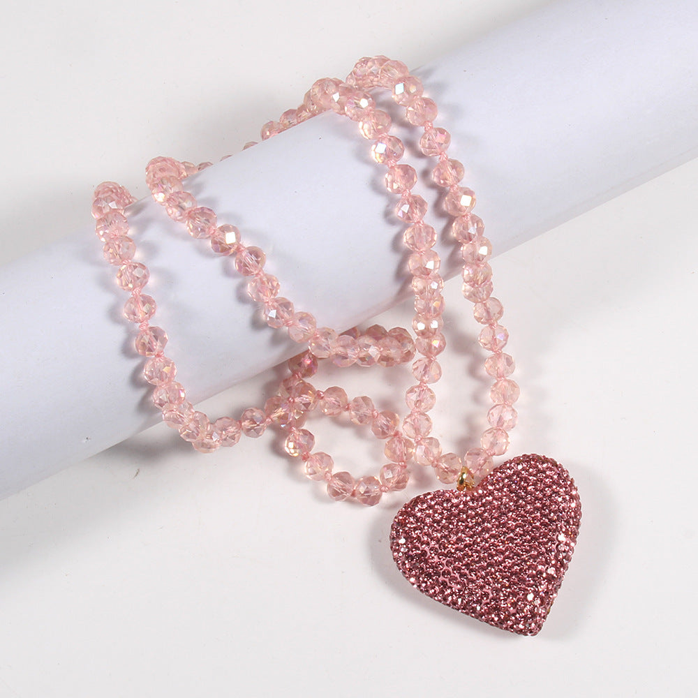 Shiny Heart Shape Glass Rhinestones  Pendant Necklace Sweater Chain In Bulk Natural stone necklace