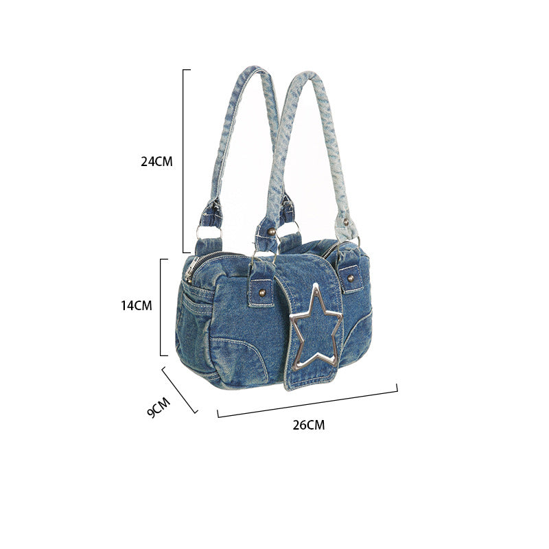 Women's Medium Denim Star Solid Color Streetwear Oval Zipper Shoulder Bag