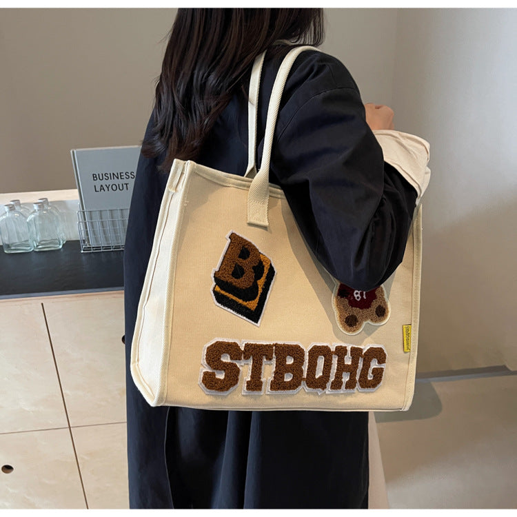 Women's Large Canvas Letter Bear Elegant Classic Style Streetwear Sewing Thread Square Zipper Tote Bag