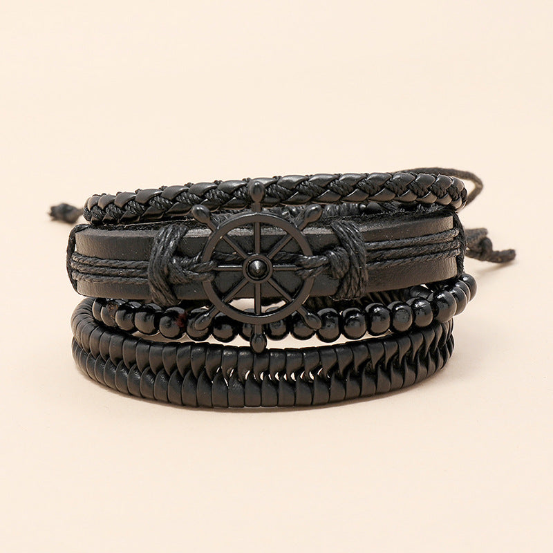 new  creative hand-woven black rudder leather bracelet