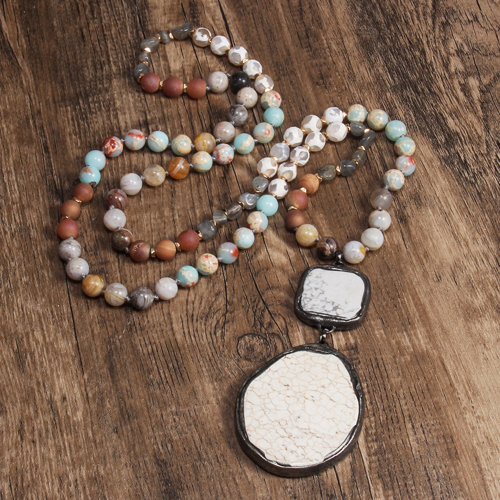 Bohemian Geometric Semi-precious stone Alloy Stone  Pendant Necklace Sweater Chain In Bulk Natural stone necklace