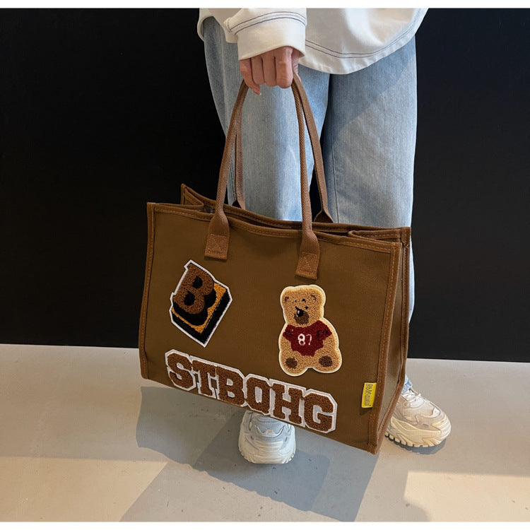 Women's Large Canvas Letter Bear Elegant Classic Style Streetwear Sewing Thread Square Zipper Tote Bag