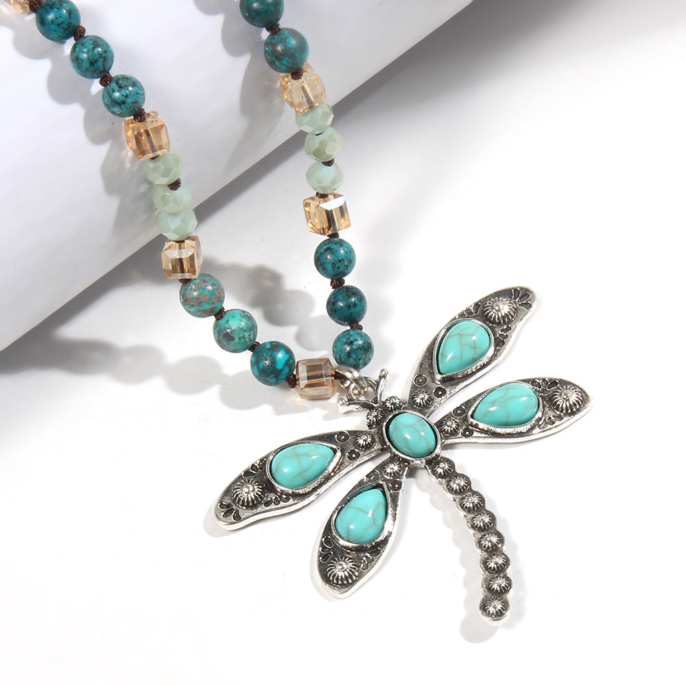 Retro Dragonfly Alloy natural stone Turquoise Beaded Chain Pendant Necklace Sweater Chain In Bulk Natural stone necklace