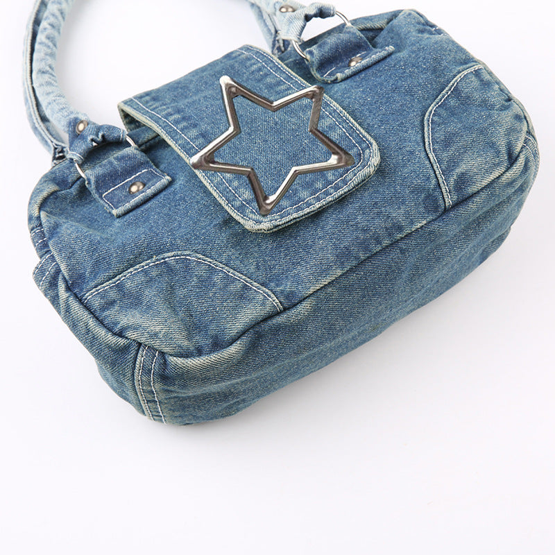 Women's Medium Denim Star Solid Color Streetwear Oval Zipper Shoulder Bag