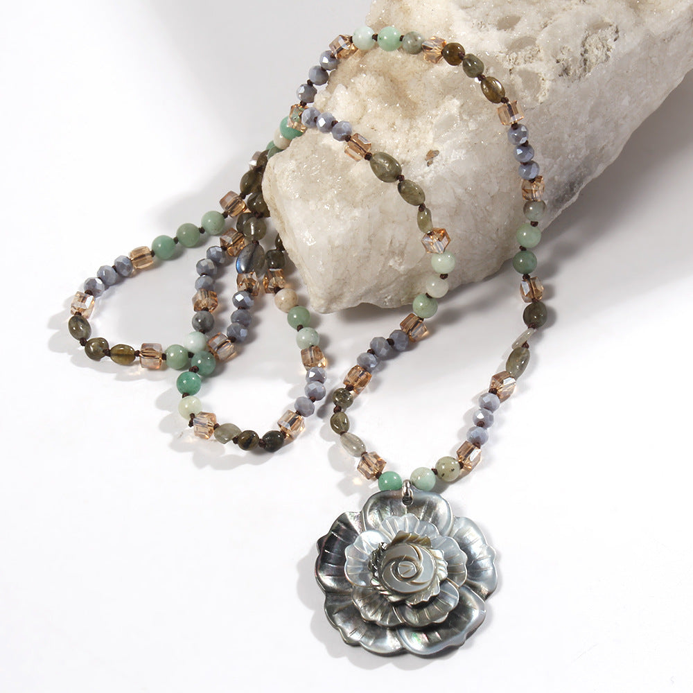 Retro Flower Semi-precious stone Glass Shell  Sweater Chain In Bulk Natural stone necklace