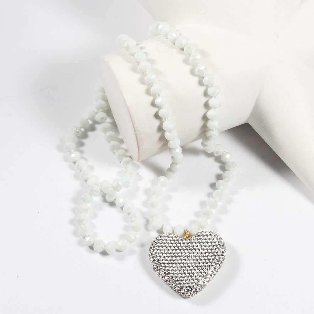 Shiny Heart Shape Glass Rhinestones  Pendant Necklace Sweater Chain In Bulk Natural stone necklace