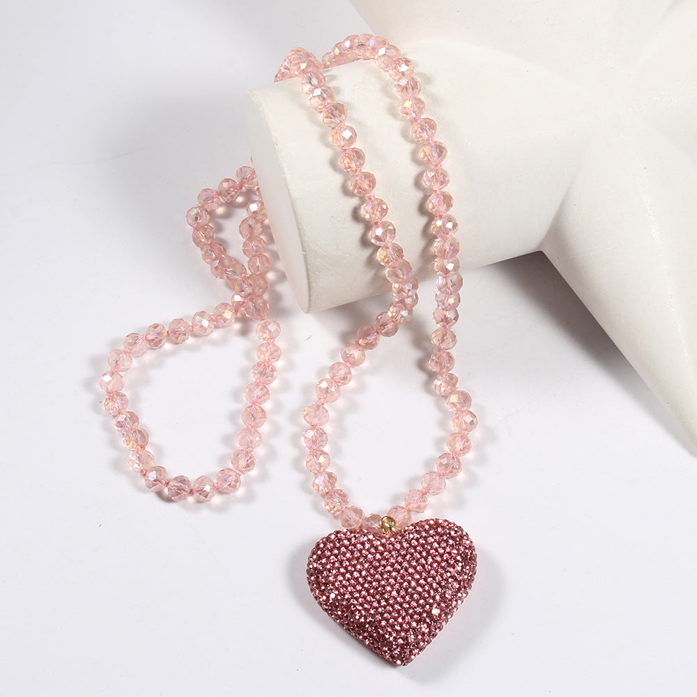 Shiny Heart Shape Glass Rhinestones  Pendant Necklace Sweater Chain In Bulk Natural stone necklace