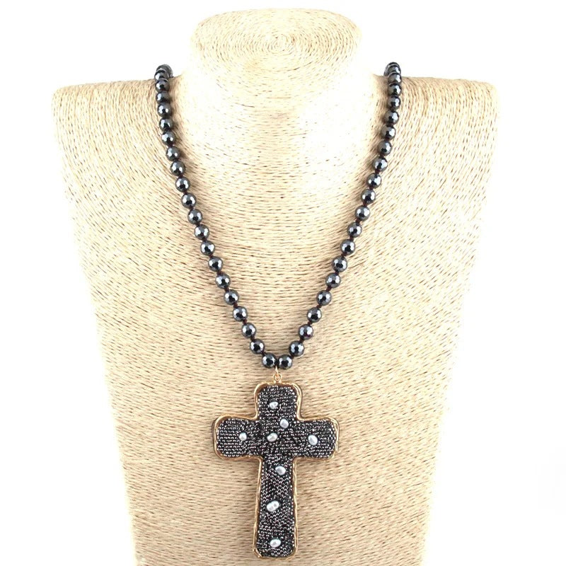 Retro Cross Red Iron Beaded Chain Pendant Necklace Sweater Chain In Bulk Natural stone necklace