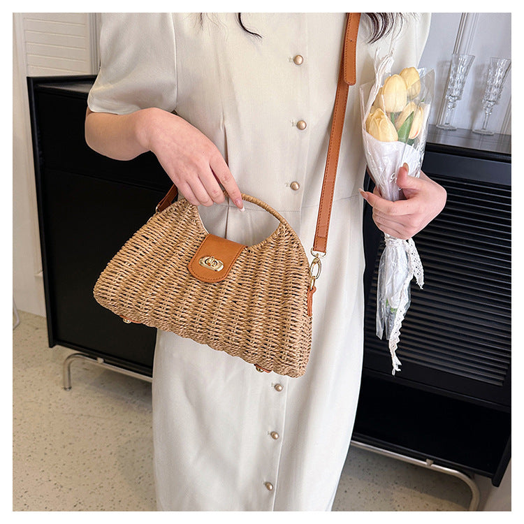 Women'S Small Straw Solid Color Vacation Lock clasp Straw Bag