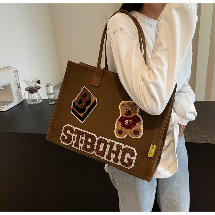 Women's Large Canvas Letter Bear Elegant Classic Style Streetwear Sewing Thread Square Zipper Tote Bag