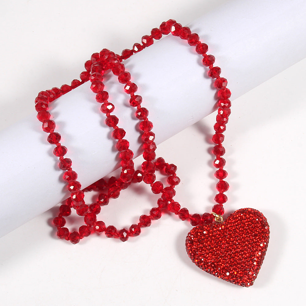 Shiny Heart Shape Glass Rhinestones  Pendant Necklace Sweater Chain In Bulk Natural stone necklace