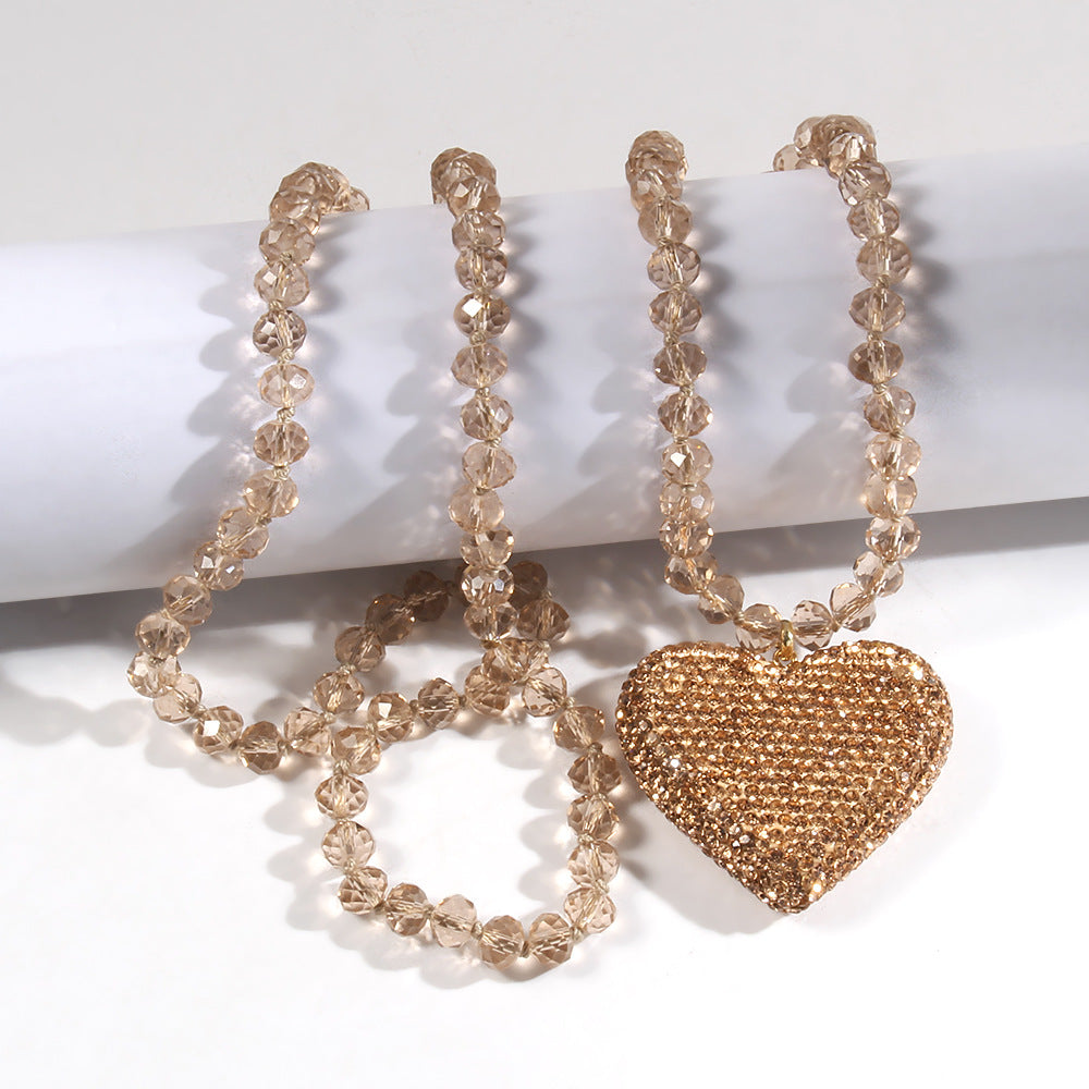 Shiny Heart Shape Glass Rhinestones  Pendant Necklace Sweater Chain In Bulk Natural stone necklace