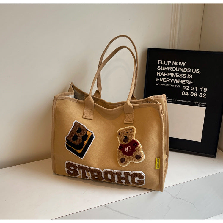 Women's Large Canvas Letter Bear Elegant Classic Style Streetwear Sewing Thread Square Zipper Tote Bag