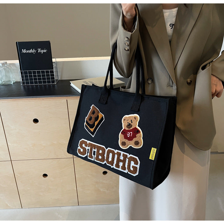 Women's Large Canvas Letter Bear Elegant Classic Style Streetwear Sewing Thread Square Zipper Tote Bag