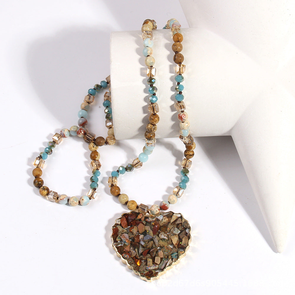 Bohemian Heart Shape Glass Stone  Sweater Chain In Bulk Natural stone necklace