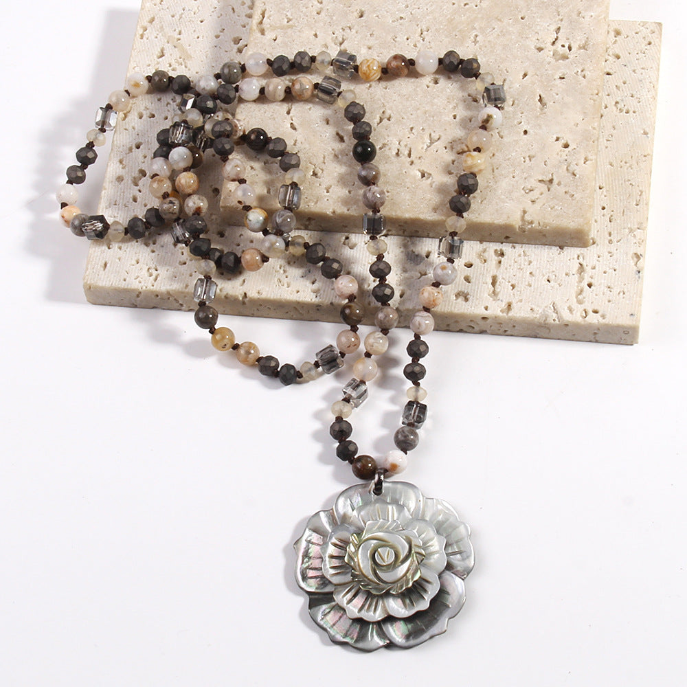 Retro Flower Semi-precious stone Glass Shell  Sweater Chain In Bulk Natural stone necklace