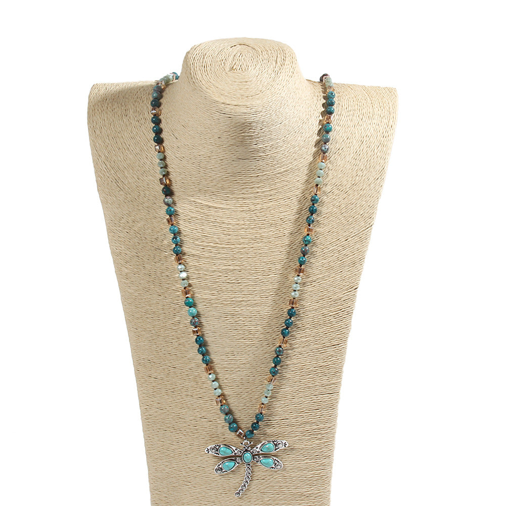 Retro Dragonfly Alloy natural stone Turquoise Beaded Chain Pendant Necklace Sweater Chain In Bulk Natural stone necklace