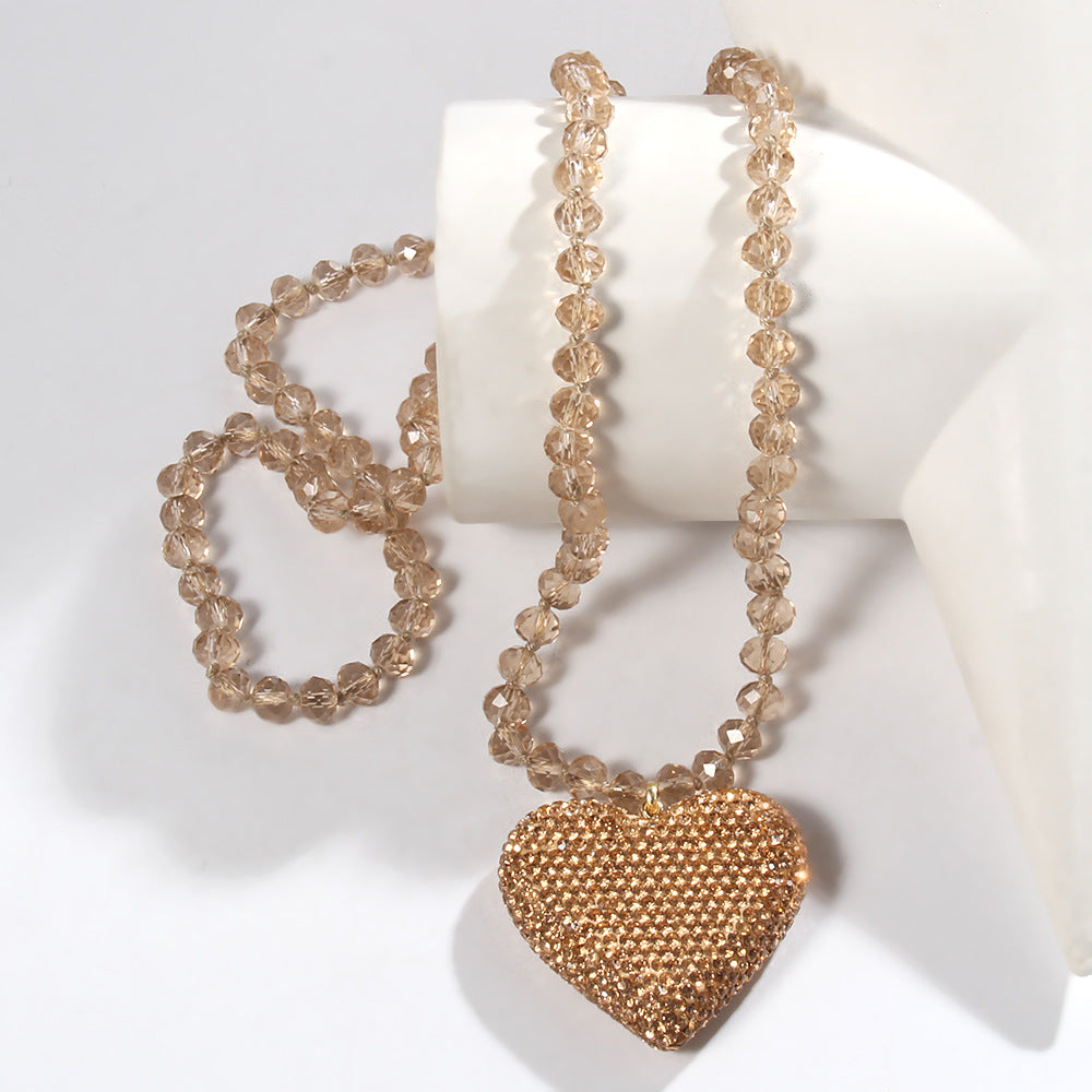 Shiny Heart Shape Glass Rhinestones  Pendant Necklace Sweater Chain In Bulk Natural stone necklace