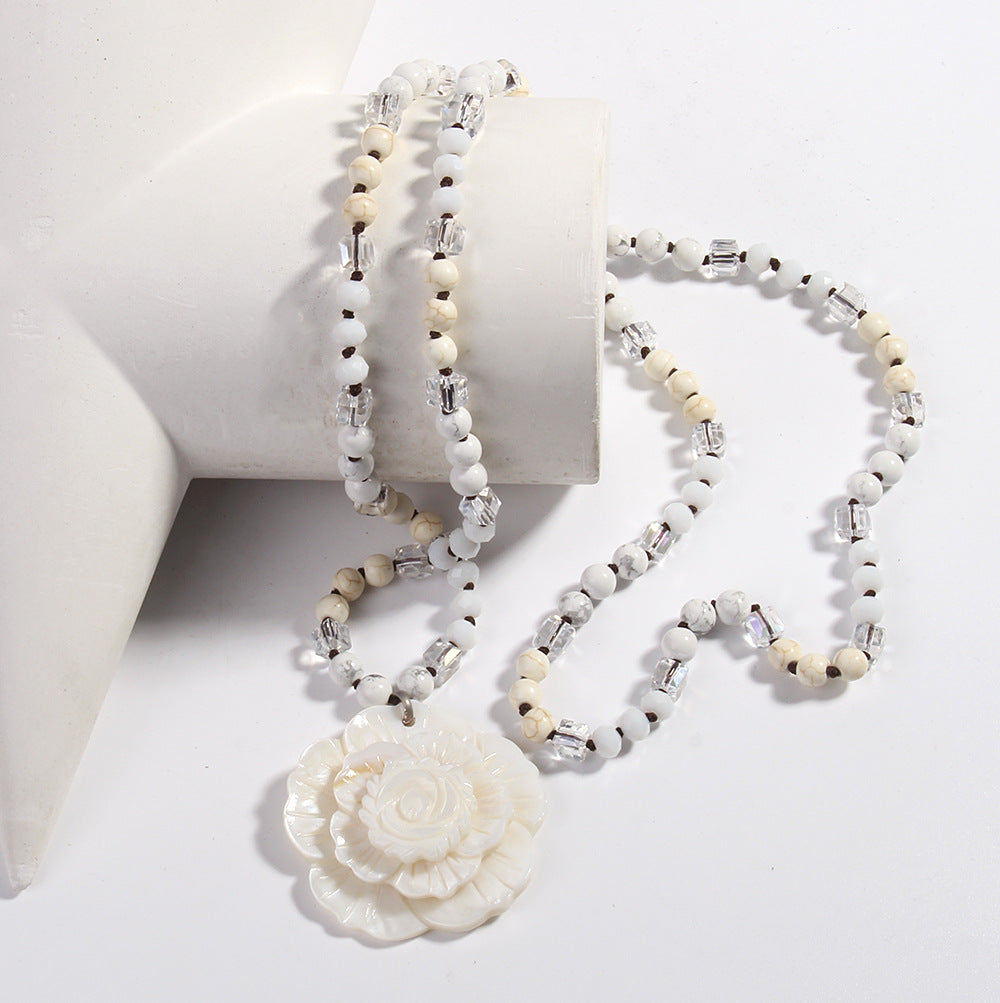 Retro Flower Semi-precious stone Glass Shell  Sweater Chain In Bulk Natural stone necklace