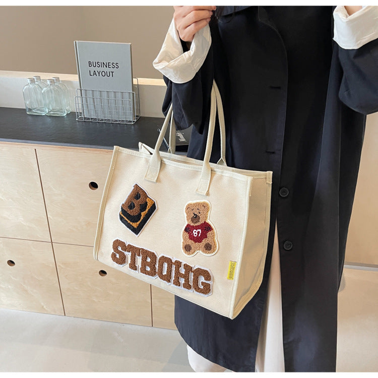 Women's Large Canvas Letter Bear Elegant Classic Style Streetwear Sewing Thread Square Zipper Tote Bag