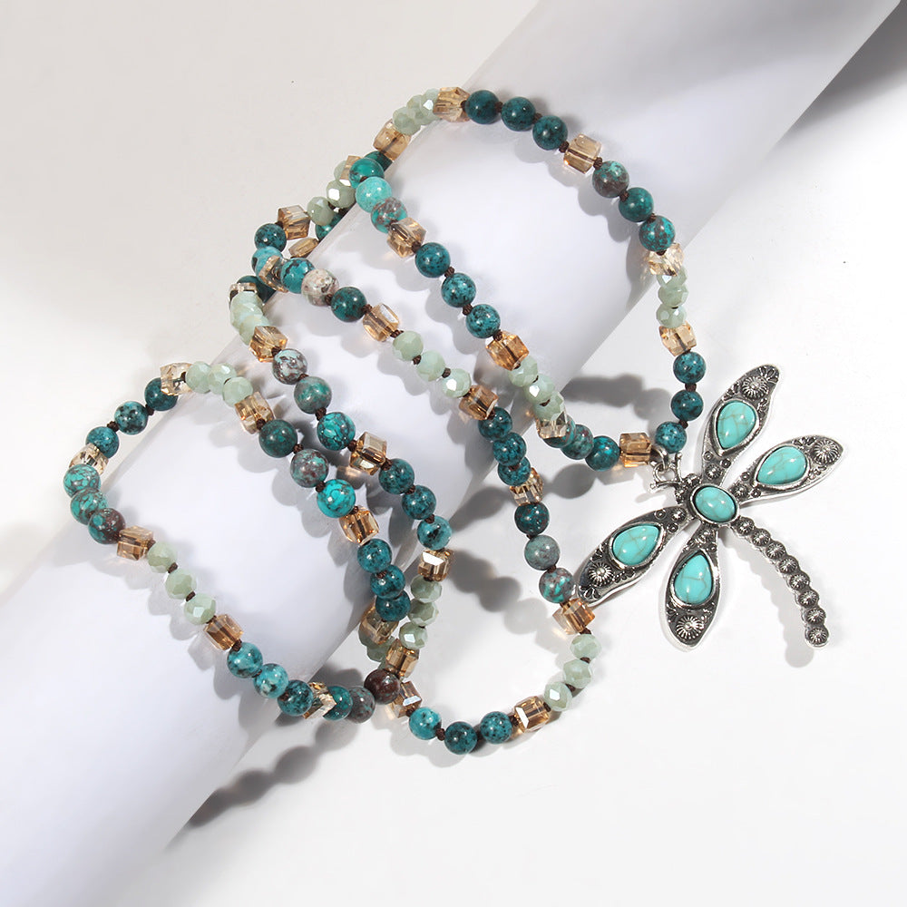 Retro Dragonfly Alloy natural stone Turquoise Beaded Chain Pendant Necklace Sweater Chain In Bulk Natural stone necklace