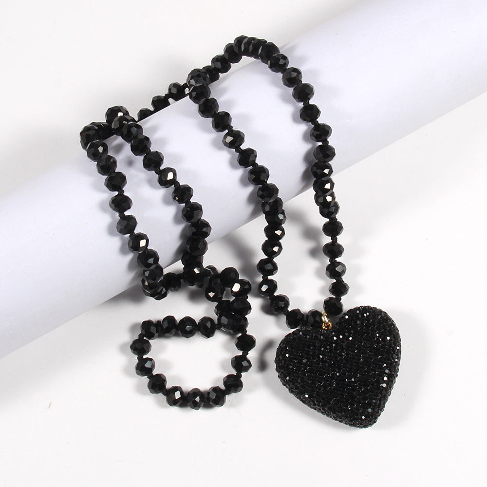 Shiny Heart Shape Glass Rhinestones  Pendant Necklace Sweater Chain In Bulk Natural stone necklace