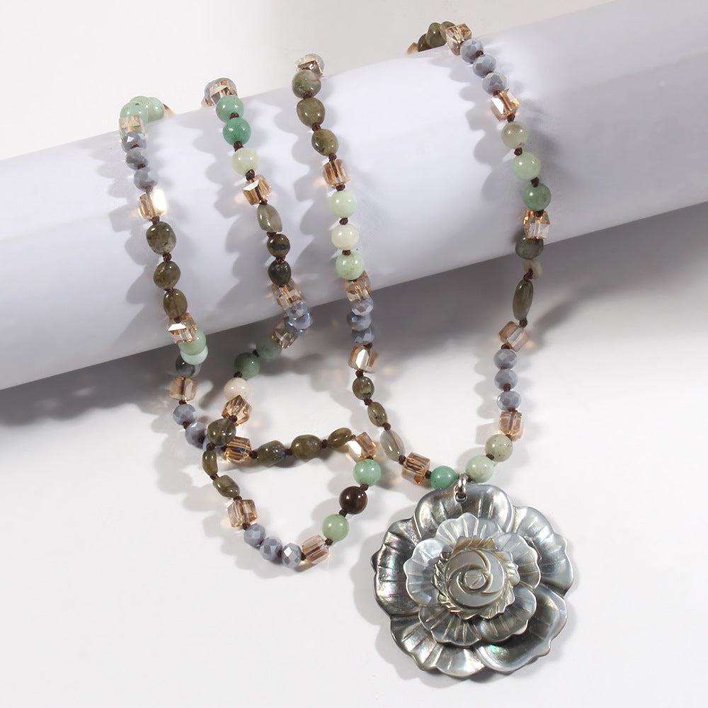 Retro Flower Semi-precious stone Glass Shell  Sweater Chain In Bulk Natural stone necklace