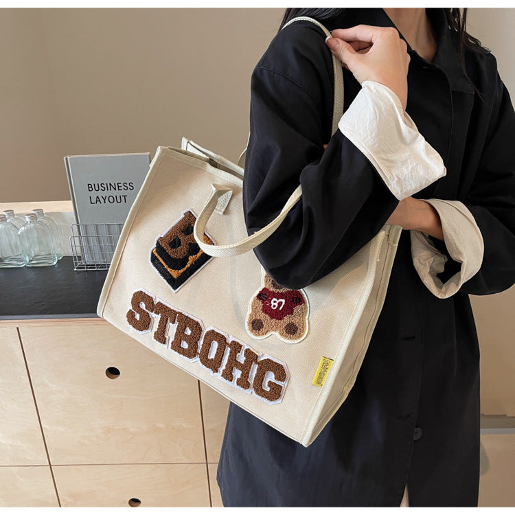 Women's Large Canvas Letter Bear Elegant Classic Style Streetwear Sewing Thread Square Zipper Tote Bag