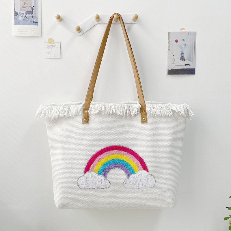 Women's Canvas Rainbow Devil's Eye Classic Style Embroidery Square Zipper Tote Bag