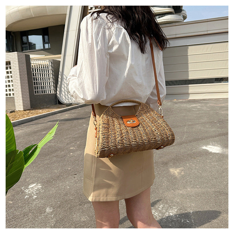 Women'S Small Straw Solid Color Vacation Lock clasp Straw Bag