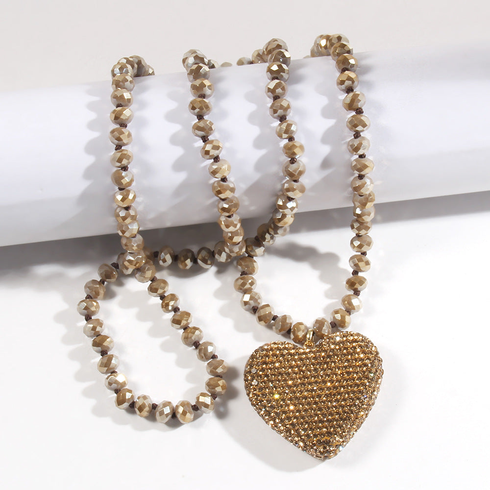 Shiny Heart Shape Glass Rhinestones  Pendant Necklace Sweater Chain In Bulk Natural stone necklace