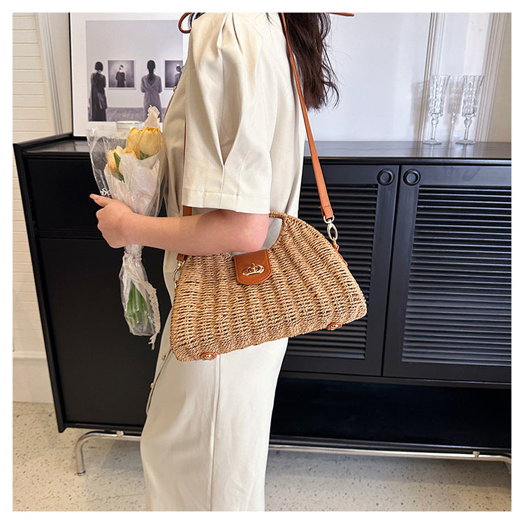 Women'S Small Straw Solid Color Vacation Lock clasp Straw Bag