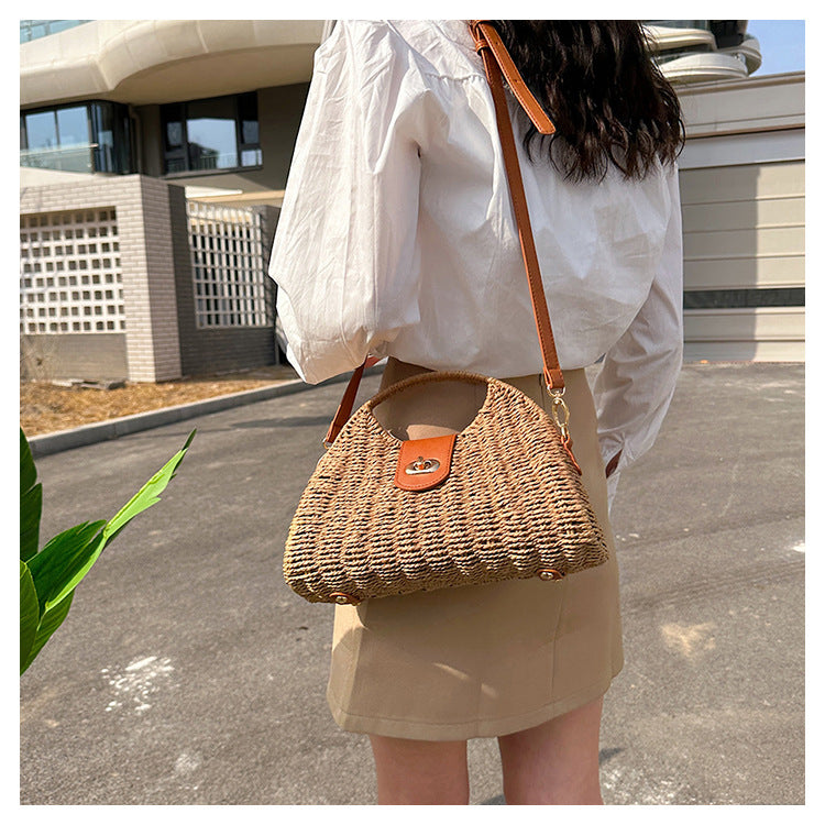 Women'S Small Straw Solid Color Vacation Lock clasp Straw Bag