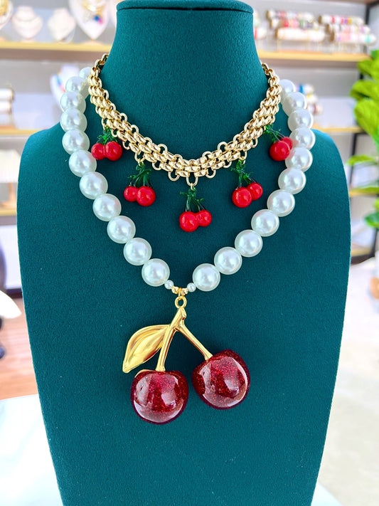 Cute Oversized Cherry Pearl 18K Gold Plated Artificial Pearl Glass Brass Beaded Chain Statement Necklaces