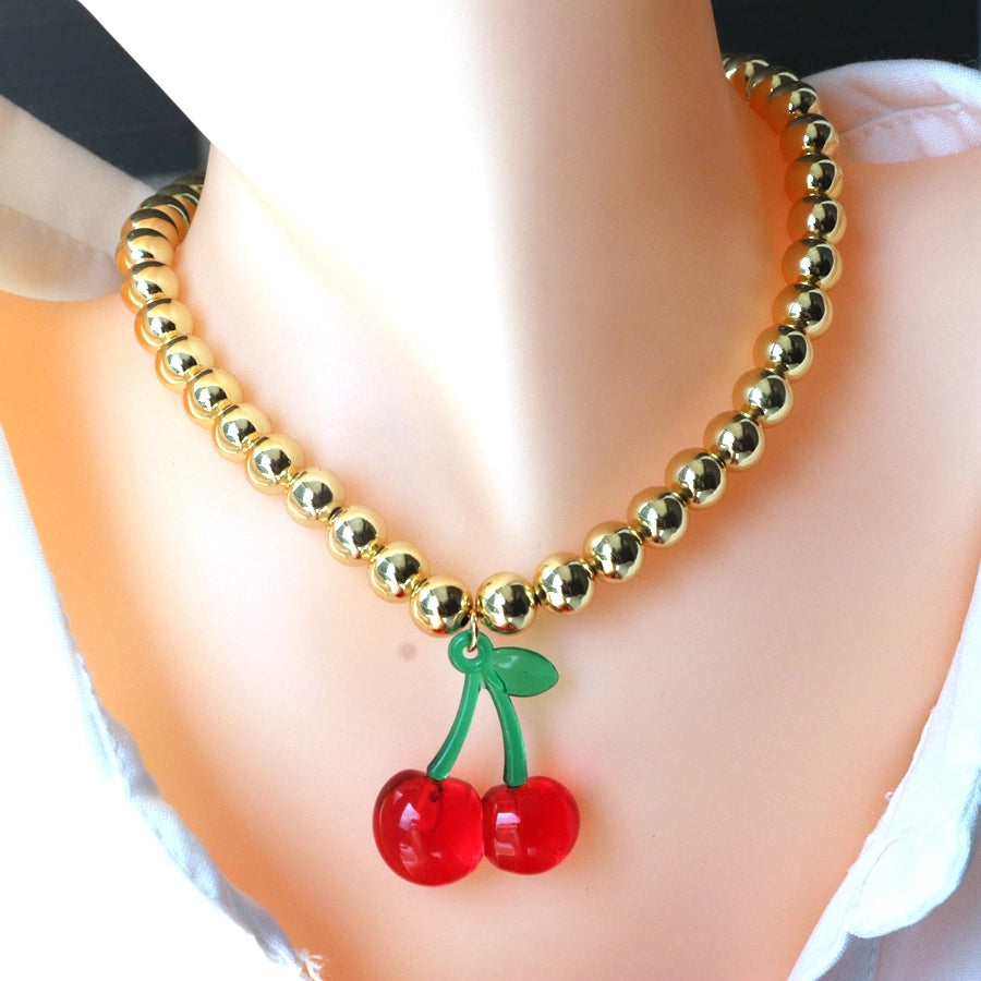 Resin Copper 18K Gold Beaded Chain 18K Gold Plated Cherry Strawberry Pendant Necklace