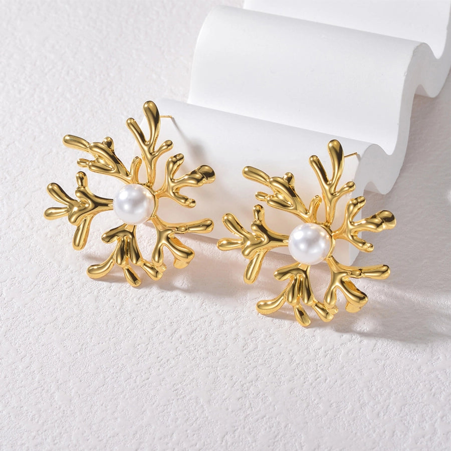 1 Piece Exaggerated Geometric Coral Flower Plating Inlay 304 Stainless Steel Pearl 18K Gold Plated Ear Studs