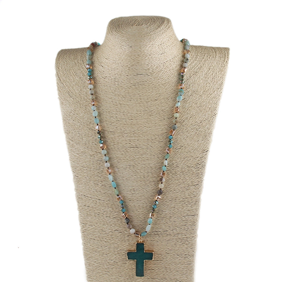 fashion bohemian style necklace natural stone mixed glass cross sweater chain necklace