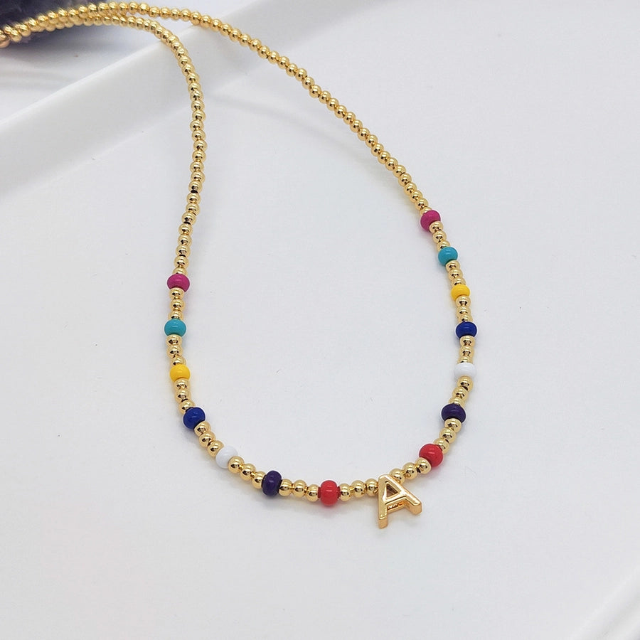 ig style simple style letter glass copper beaded knitting plating 18k gold plated necklace