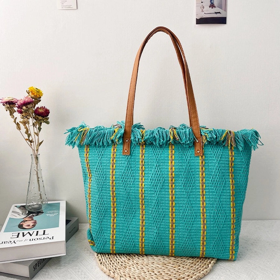 Women's Cotton Stripe Classic Style Tassel Square Magnetic Buckle Tote Bag